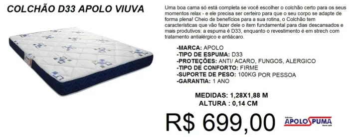 Colchão - viuva - D33- apolo - compre hoje e receba em até 72 horas