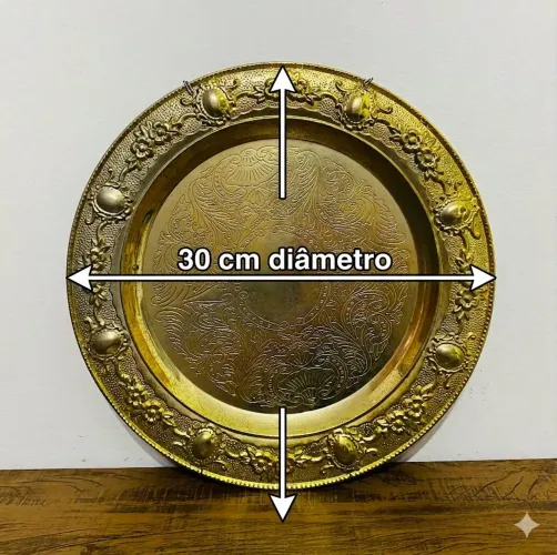 Prato Decorativo De Parede Antigo Em Latão Dourado 30cm