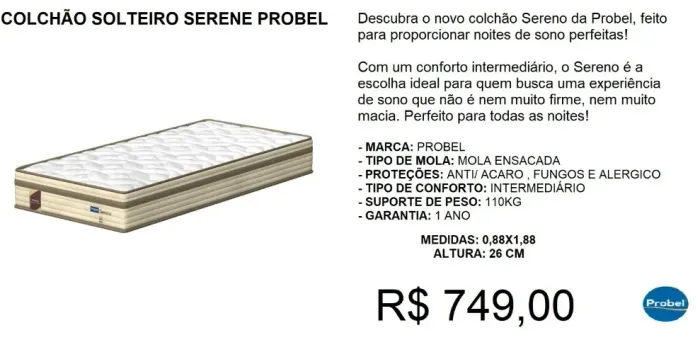 Colchão solteiro mola ensacada Probel - entrega grátis!