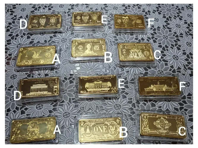 Barrinhas banhadas a ouro e prata, estampas de moedas de dólar, item para colecionar.