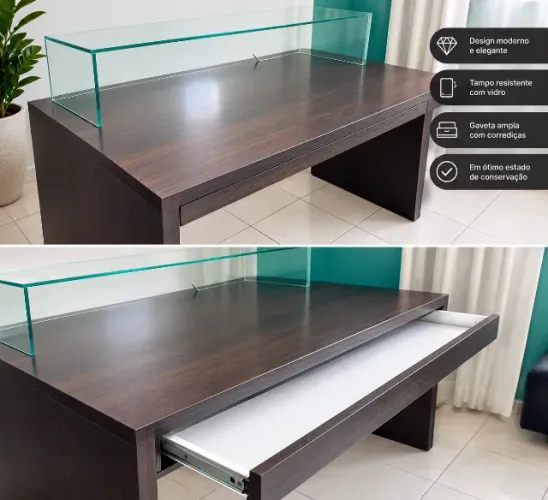 Mesa de Escritório/Home Office com Gaveta e Prateleira de Vidro