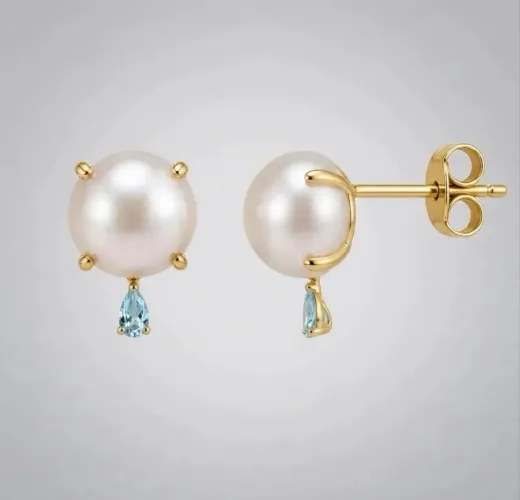 Par de Brincos Pérola Natural com Gota Topázio Azul - Ouro Amarelo 18k