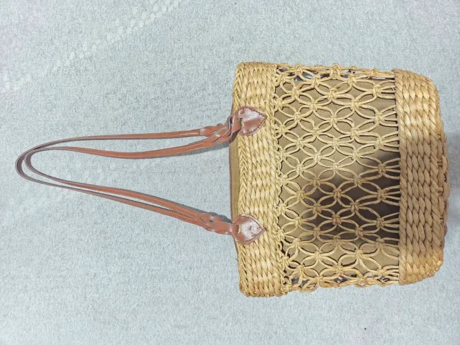 Bolsa De Praia De Palha Com Alça De Couro Sintético