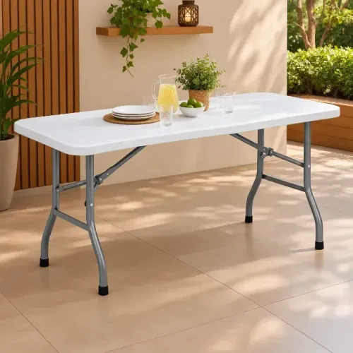 Mesa Dobrável Branca Tampo Plástico Hdpe Estrutura Aço 180cm