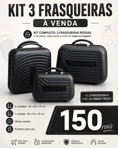 Kit 3 Frasqueiras Rígidas Viagem Pretas - Ótimo Estado