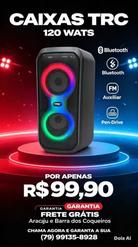 Caixa de som Bluetooth, auxiliar, pendrive 120W TRC - com garantia
