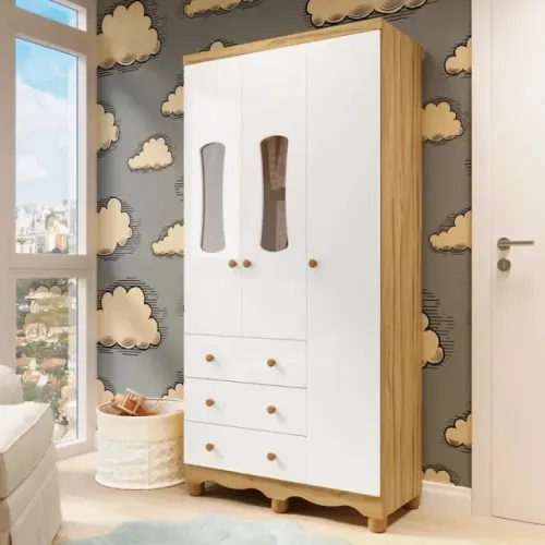 Roupeiro Infantil Luna 3 Portas e 3 Gavetas, 100% MDF