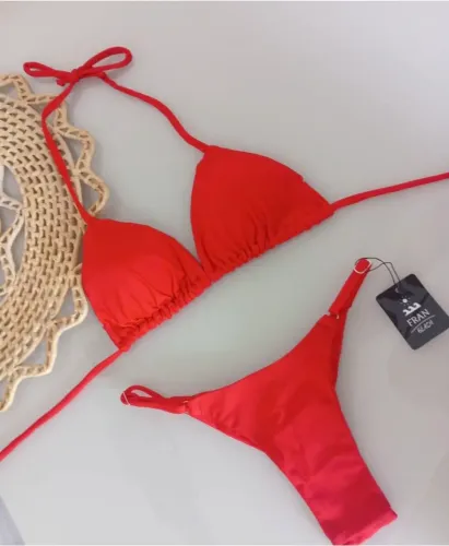 Biquíni cortininha Vermelho + Calcinha asa delta com regulagem na lateral