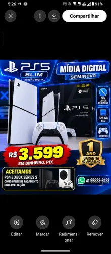 PS5 SLIM MÍDIA DIGITAL SEMINOVO,1 CONTROLE, GARANTIA 1 ANO APARELHO