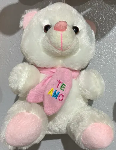 Pelúcia Ursinho Branco e Rosa