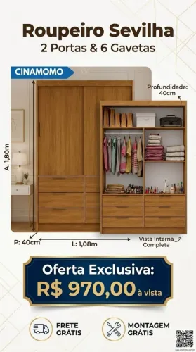 Roupeiro Sevilha 2 portas 6 gavetas