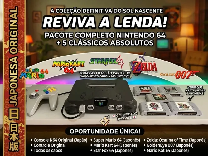 Nintendo 64 japonês impecável com 5 jogos classicos