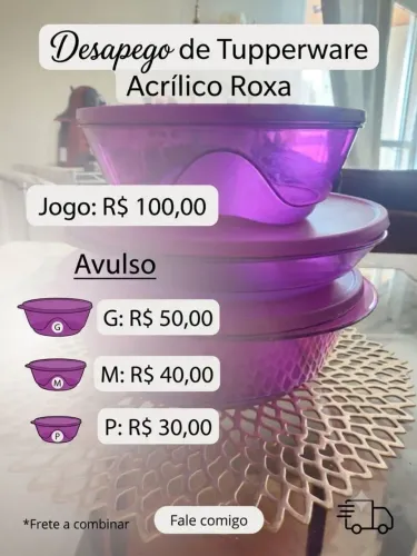 Jogo Tupperware Roxo Transparente com 3 Peças e Tampas