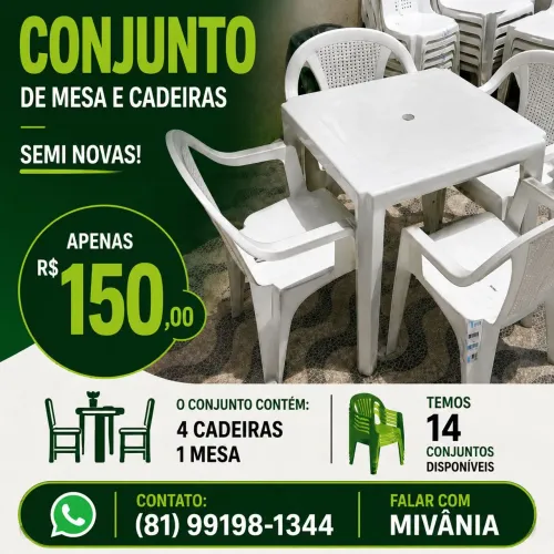 Vendo mesas e cadeiras de plástico em ótimo estado.