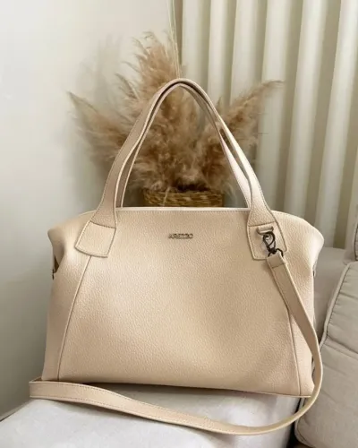 Bolsa Feminina Grande Arezzo Estilo Dhaffy Creme/Preto/Marrom Fecho com Zíper