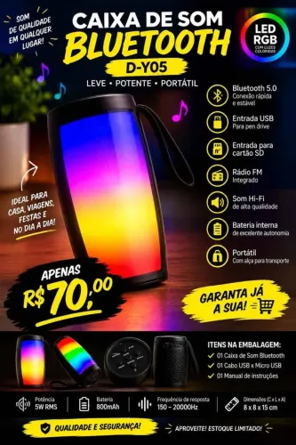 Caixa de Som Bluetooth D-Y05 5W RMS LED RGB Portátil USB SD Rádio FM