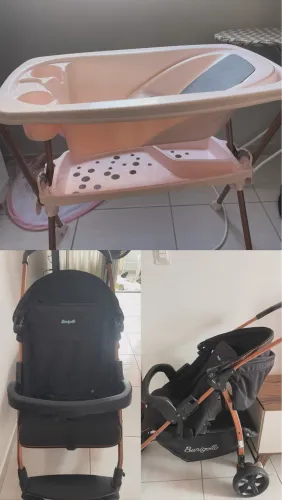 Um combo de Carrinho burigoto e banheira com suporte 