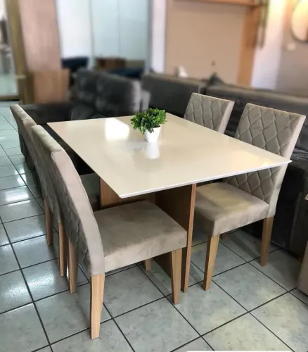 Mesa Helo 120x90 C/Vidro 4 Cadeiras Freijó/ Grafit/ Bege Poliman