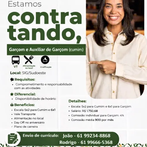 Vaga de emprego - Garçom e Auxiliar de Garçom 