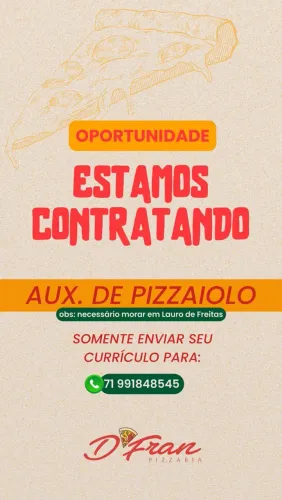 PIZZAIOLO / AUXILIAR DE PIZZARIA | COM OU SEM EXPERIÊNCIA | LAURO DE FREITAS