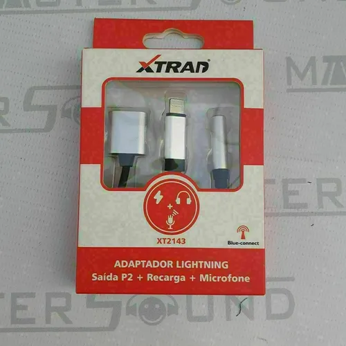 Cabo adaptador lightning.  Saída em P2, mais recarga, mais microfone. Novo.