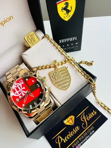 kit com relógio + cordão e anel do flamengo aço banhado a ouro 