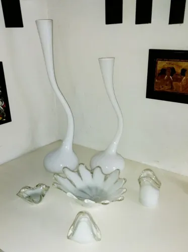 Belíssimo Conjunto de Vasos e Peças de Cristal Murano Vintage
