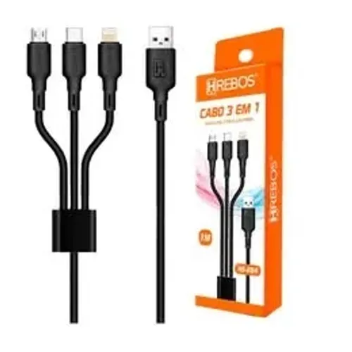 Cabo Usb Turbo 3 Em 1 Hrebos Para Micro Usb Tipo C E iPhone Lightning