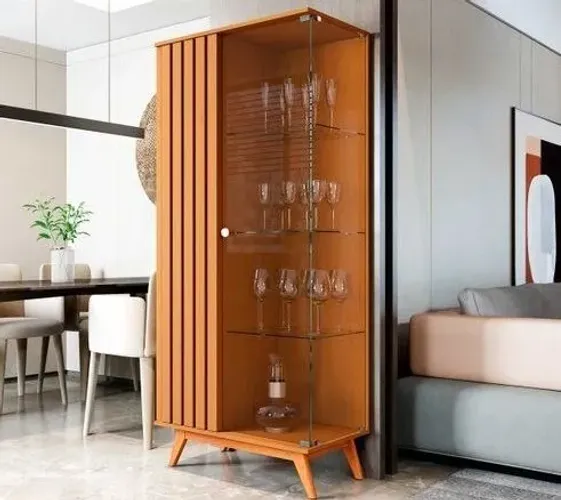 Cristaleira Ripada com 1 Porta e Porta em Vidro 4mm Pés Madeira Maciça (PEGUE E LEVE)!