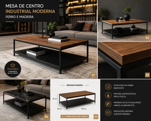 Mesa de Centro Industrial de Luxo em Ferro