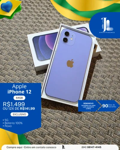 IPHONE 12, 5G, 64GB, ROXO, SEMINOVO, EXCLUSIVO!