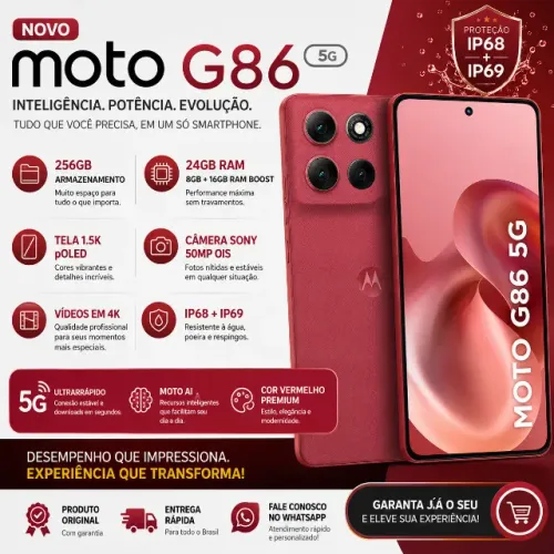 Smartphone Motorola Moto G86 5g - 256gb 24gb (8gb Ram+16gb Ram Boost) Tela 1.5k Poled, 50m