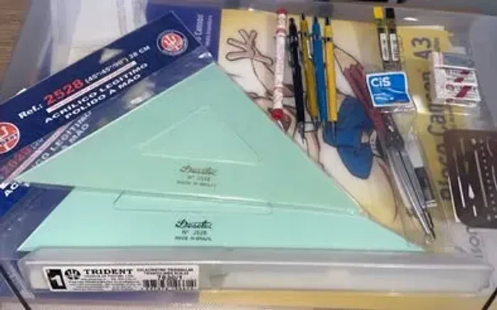 Kit Arquitetura Lapiseira e reguas Trident Desetec e lapis faber castell aquarela 60 cores