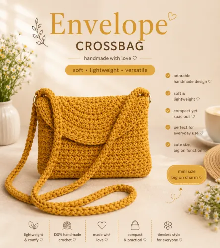 Bolsa Envelope Crochê Artesanal Transversal - Leve e Versátil - Feita à Mão