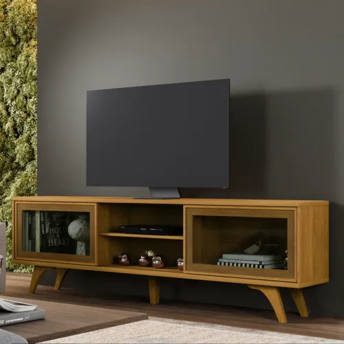 Rack Vitrum até 75? (2,18m) - Estrutura 100% MDF, Portas de Vidro e Pés em Madeira Maciça