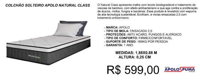 Colchão Solteiro molas natural class - frete gratuito