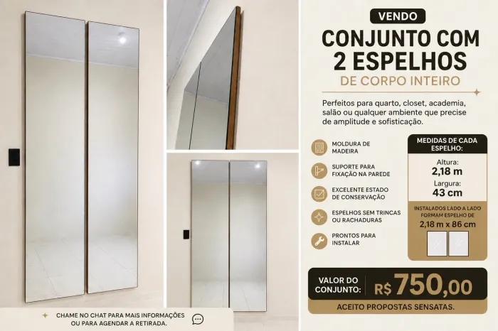 2 Espelhos Corpo Inteiro 2,18m com Moldura de Madeira - Closet/Quarto