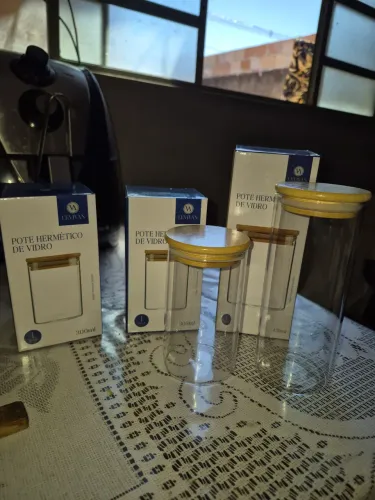 Kit 3 Potes Herméticos de Vidro Tampa Bambu 2 de 300ml + 1 de 450ml