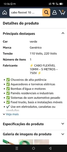 Cabo flexível 10 mm, 10 metros