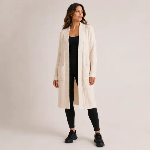 Maxi Cardigan Canelado Off-White com Bolsos  -  Tam. P
