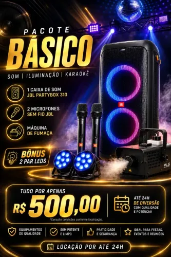 Pacote Aluguel Som + Microfone + Máquina de Fumaça + 2 Par Led