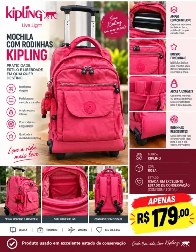 Mochila Kipling com Rodinhas Original | Rosa
