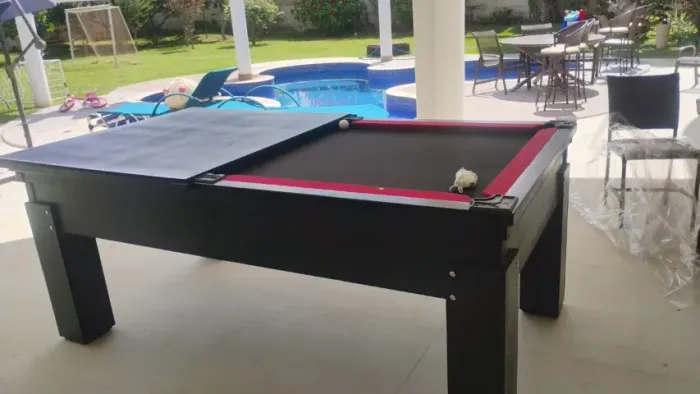MESA DE SINUCA COM BASE EM PEDRA, COM ADAPTAÇÃO DE MESA DE PINGUE-PONGUE E TOTO DE MESAE 