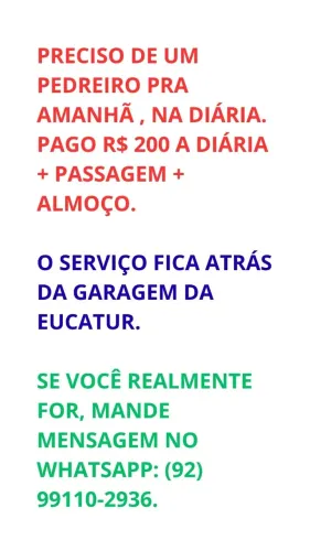 PRECISO DE UM PEDREIRO PRA AMANHÃ NA DIÁRIA 
