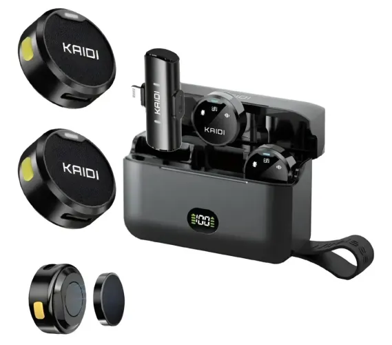 Microfone Lapela Redondo Imã Sem Fio Preto Duplo Anti Ruído