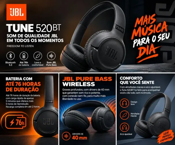  FONE JBL TUNE 520BT ORIGINAL - BLUETOOTH + PURE BASS + ATÉ 76H DE BATERIA ?
