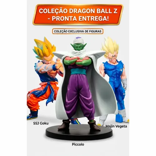 Coleção Dragon Ball Z 3 Action Figures, Goku, Majin Vegeta e Piccolo, 3 unidades