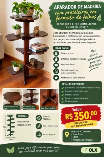 Aparador de Madeira com Prateleiras em Folhas - Decoração e Plantas ou outros objetos