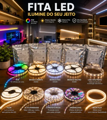 NOVAS! Fitas LEDs Diversas (RGB, Branco Quente, Branco Frio, FCOB)