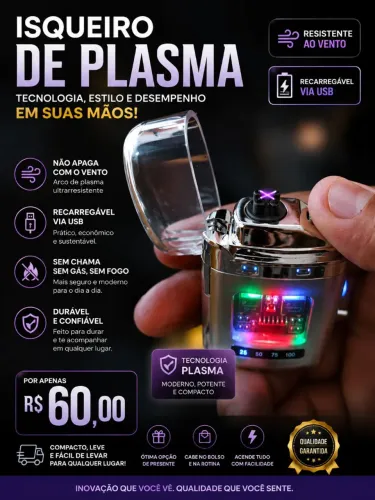 Isqueiro elétrico de plasma, recarregável usb